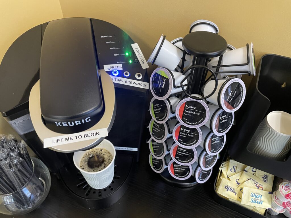 Augusta, Ga USA - 09 08 23: Dentist office K cup coffee maker for guests